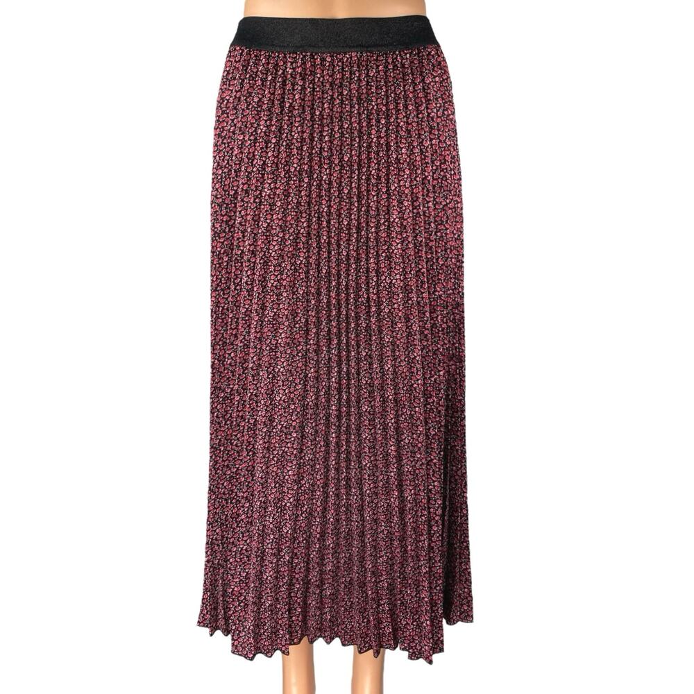 Esqualo Red Black Floral Pleated Pull On High Waisted A Line Midi Skirt Size 8